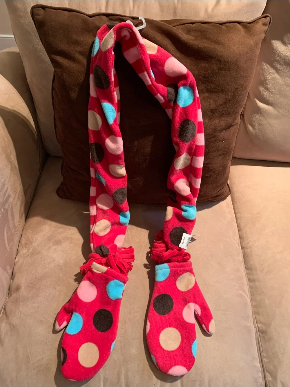 GAP Girls Pink & Hot Pink Striped Fleece Scarf with Mittens and Blue Dot Accents